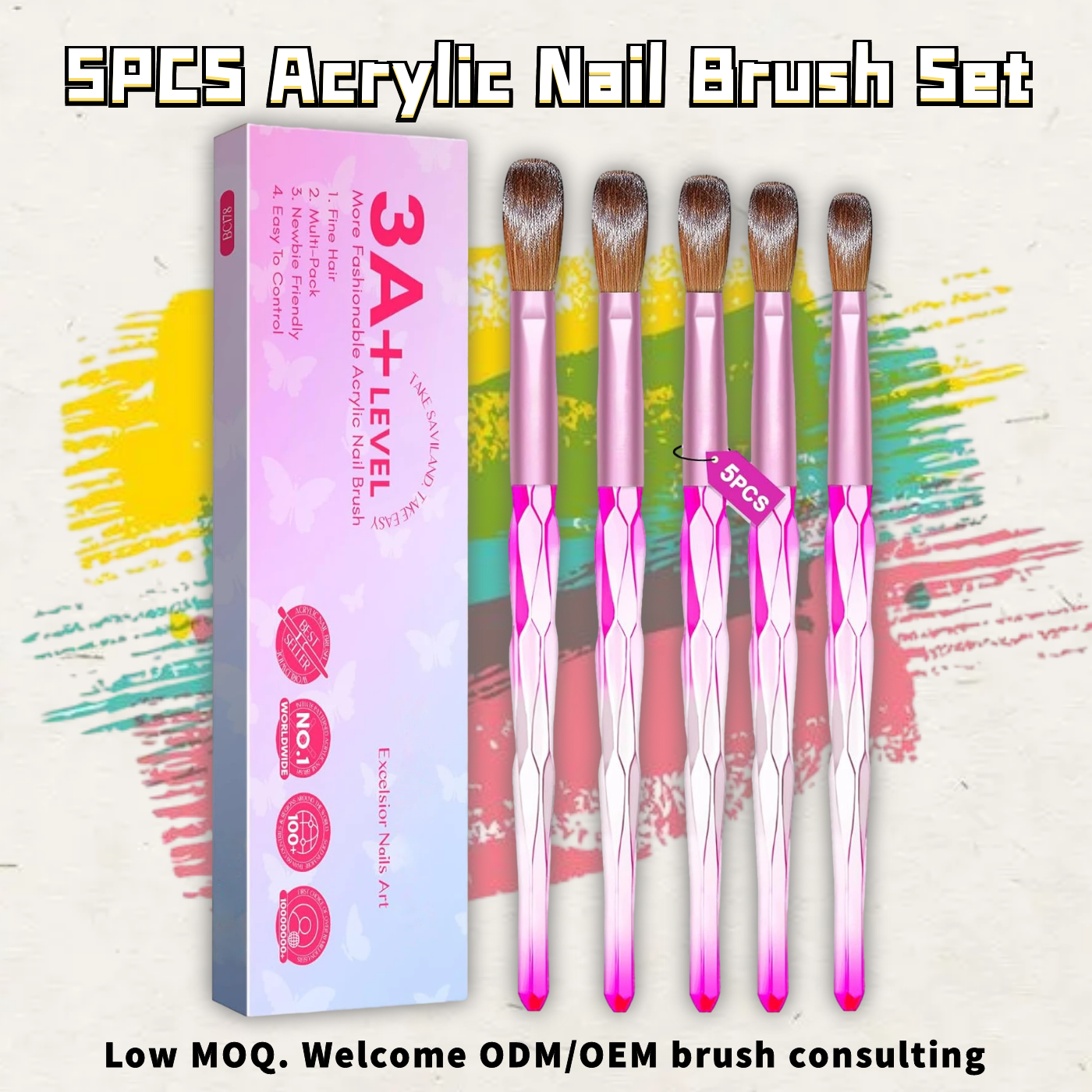 5PCS Acrylic Pink Crystal Nail Brush Set