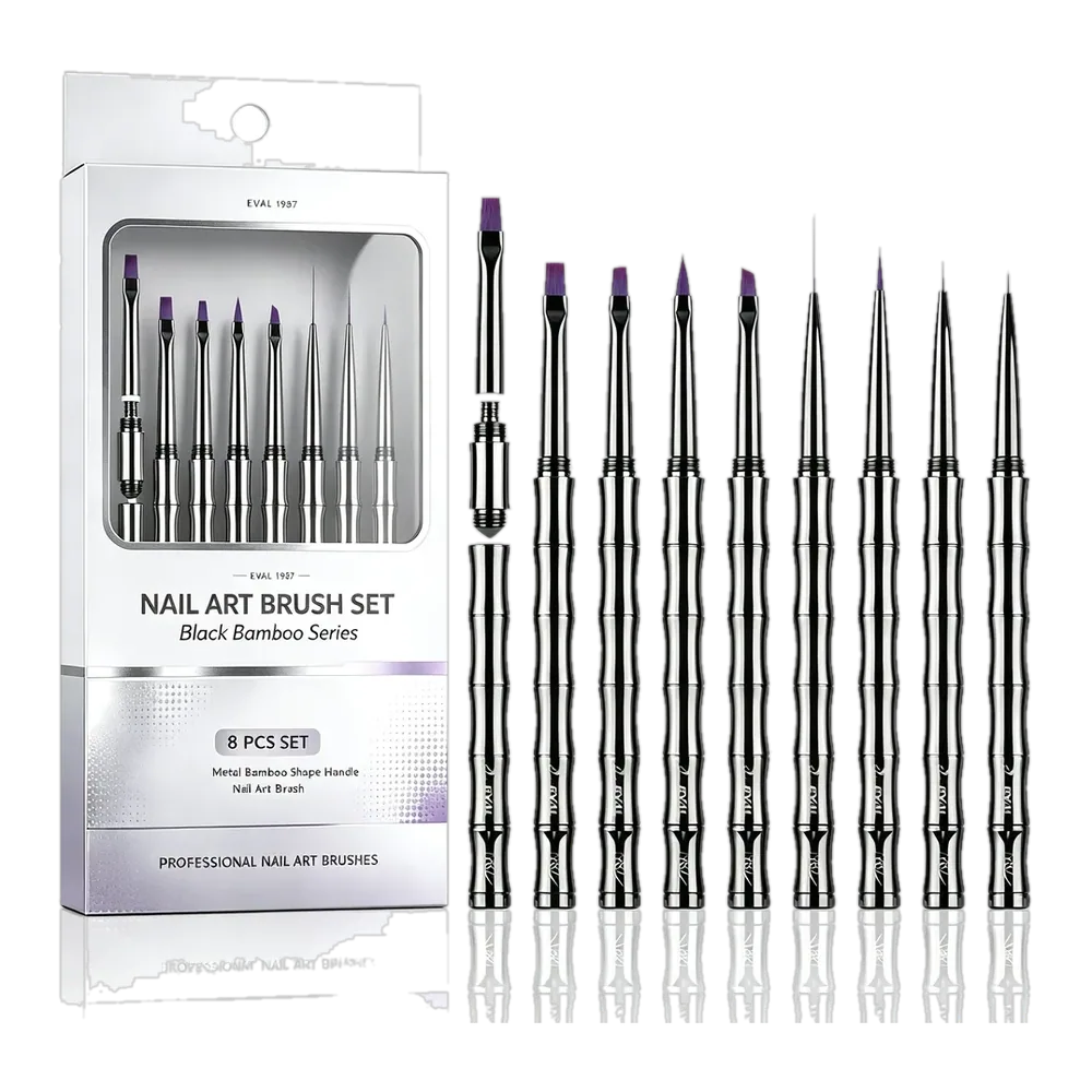 Yihuale New Arrival 8pcs Detachable Tip Bamboo Shape Metal Handle Premium Custom Logo Nail Art Brush Set for Nail Salon