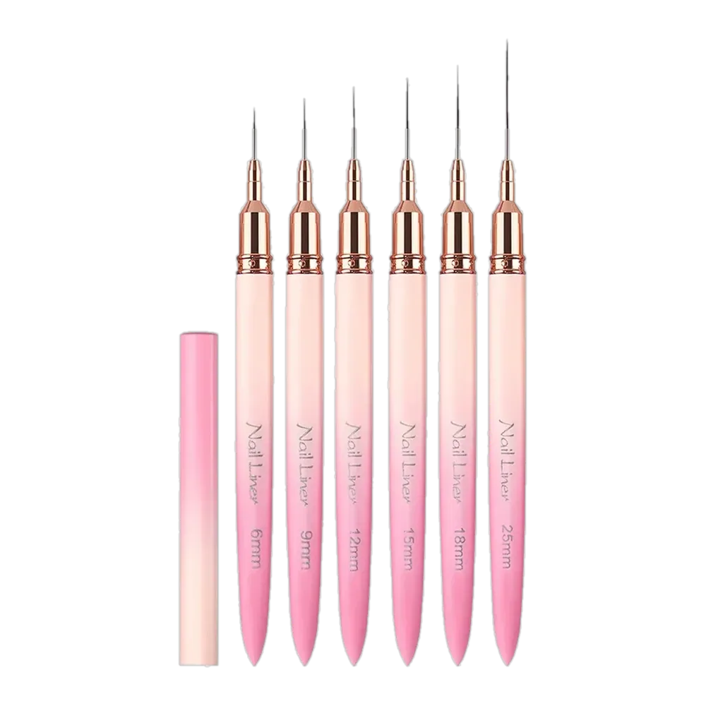 Hot Sale 6/9/12/15/18/25mm 6 Pcs Sets High Quality Flexible Nail Art Liner Brushes for Nylon Hair Gradient Mental Handle Body