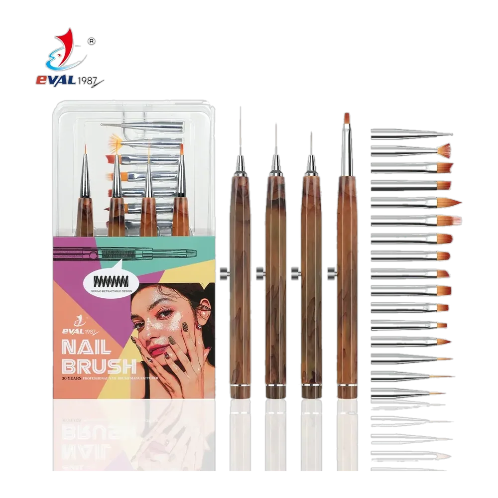 Yihuale Patent Spring Retractable Design Brown Marble Acrylic Handle Interchangeable Brush Nail Art Brush Set