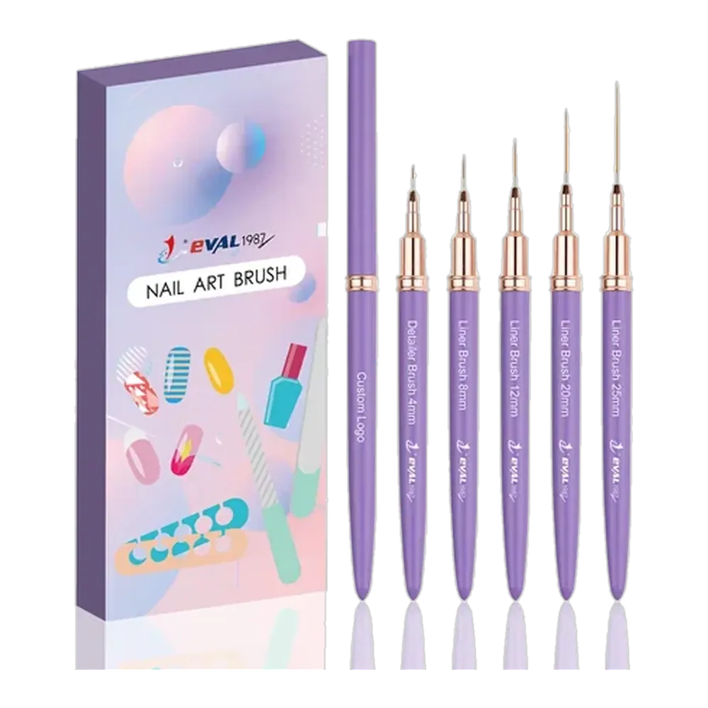 Custom Logo 5pcs Purple UV Gel Nail Line Painting Drawing Nylon Hair Acrylic Handle Nail Art Brushes 4/8/12/20/25mm