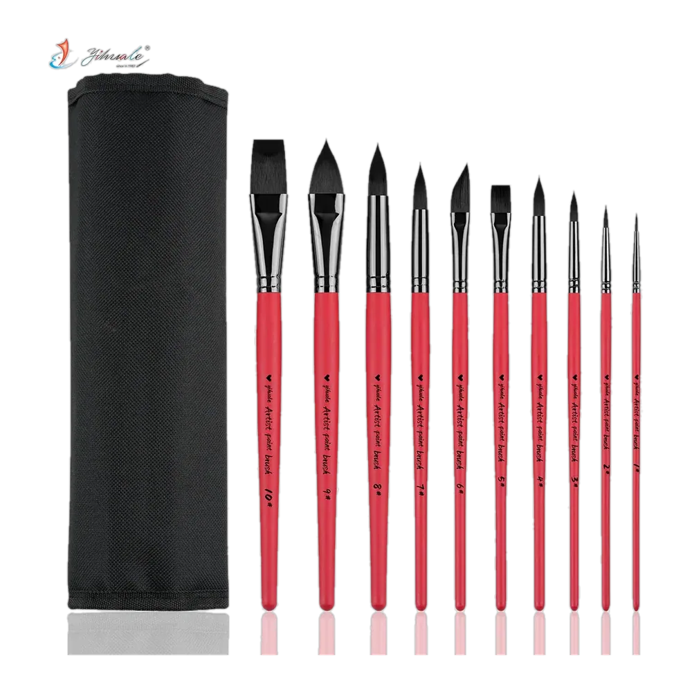 New Design 10pcs Red Wood Handle Black Nylon Hair Custom Logo Artist Brush Set