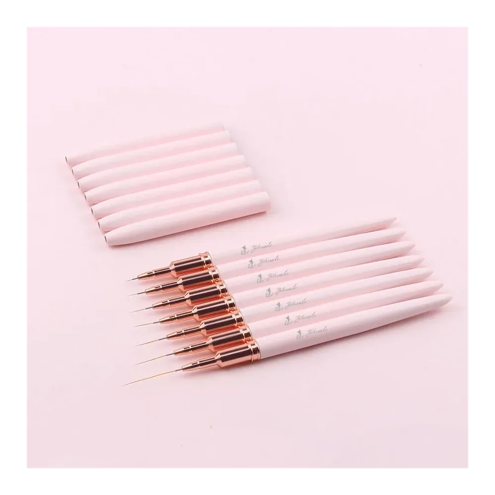 Ultra Fine Non-Split Tip Professional 7 Pcs Pink Rose Gold Aluminum Handle Nail Art Liner Brush Set for Detailing Painting UVGel