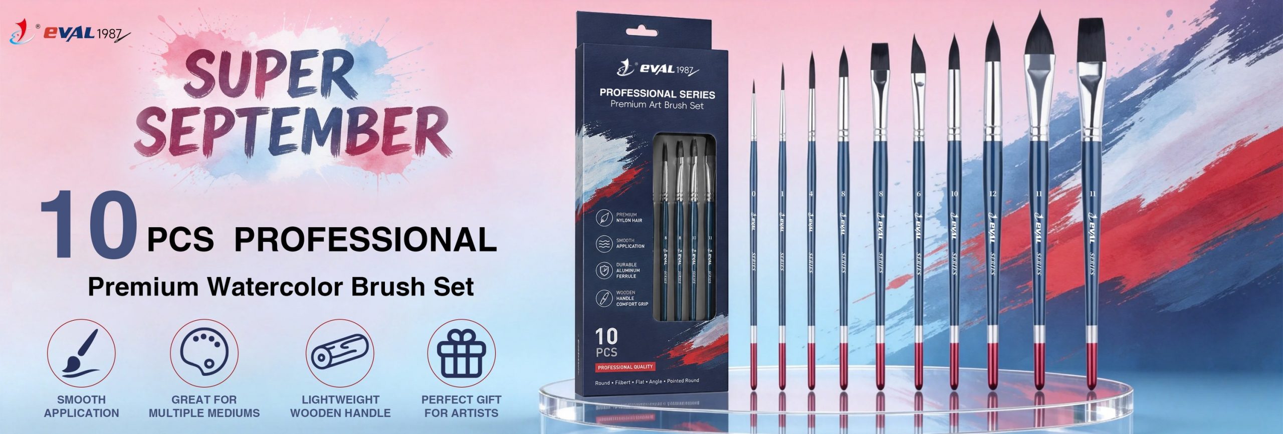 High Elasticity Non-Shedding Synthetic Nylon 10Pcs Blue/Red Tail Artist Paint Brush Set