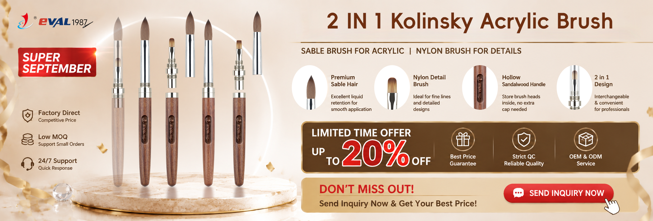 Sandalwood Handle Portable Travel Nail Brush - 2-in-1 Detachable 100% Kolinsky Acrylic Brush