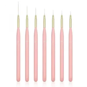 Precision Detailing Professional 7 Pcs Pink Wood Handle Gold Ferrule Nail Art Liner Brush Set for Gel Painting French Lines