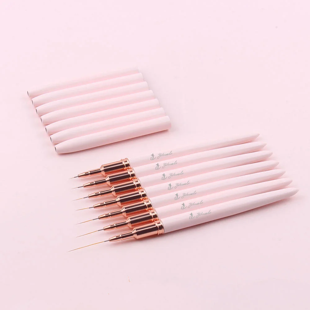 Ultra Fine Non-Split Tip Professional 7 Pcs Pink Rose Gold Aluminum Handle Nail Art Liner Brush Set for Detailing Painting UVGel
