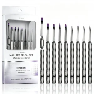 Yihuale New Arrival 8pcs Detachable Tip Bamboo Shape Metal Handle Premium Custom Logo Nail Art Brush Set for Nail Salon